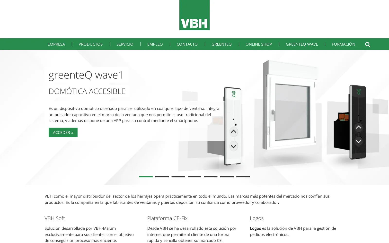 vbh.com.es na komputerze: logo VBH, zielone menu po hiszpańsku i slider z modułem greenteQ wave1