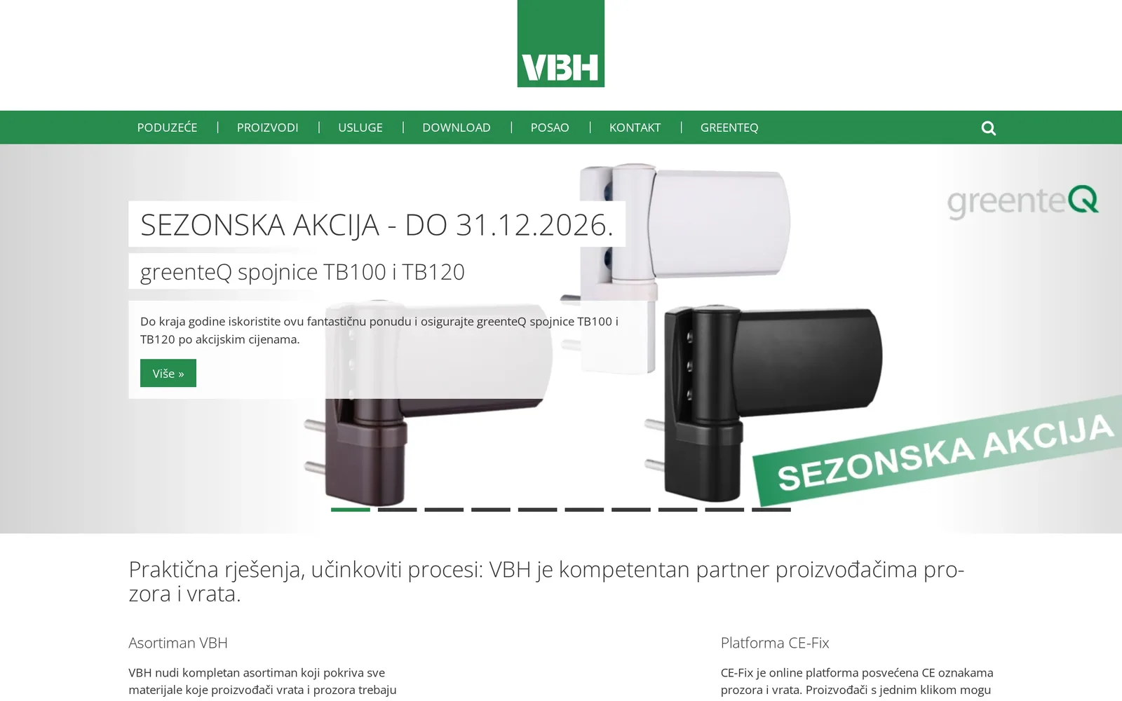 vbh.hr na komputerze: logo VBH, zielone menu po chorwacku i slider z akcją sezonową na zawiasy greenteQ