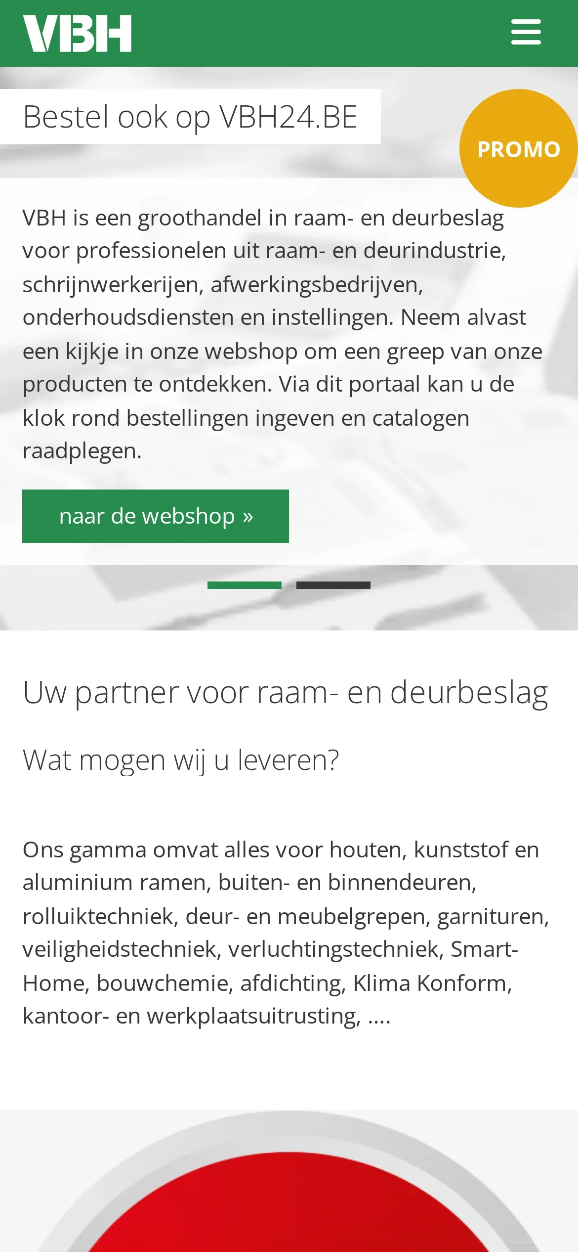 vbh.be na telefonie po niderlandzku: slider z zachętą do zamówień w VBH24.BE i znaczkiem „Promo” oraz wstęp o ofercie