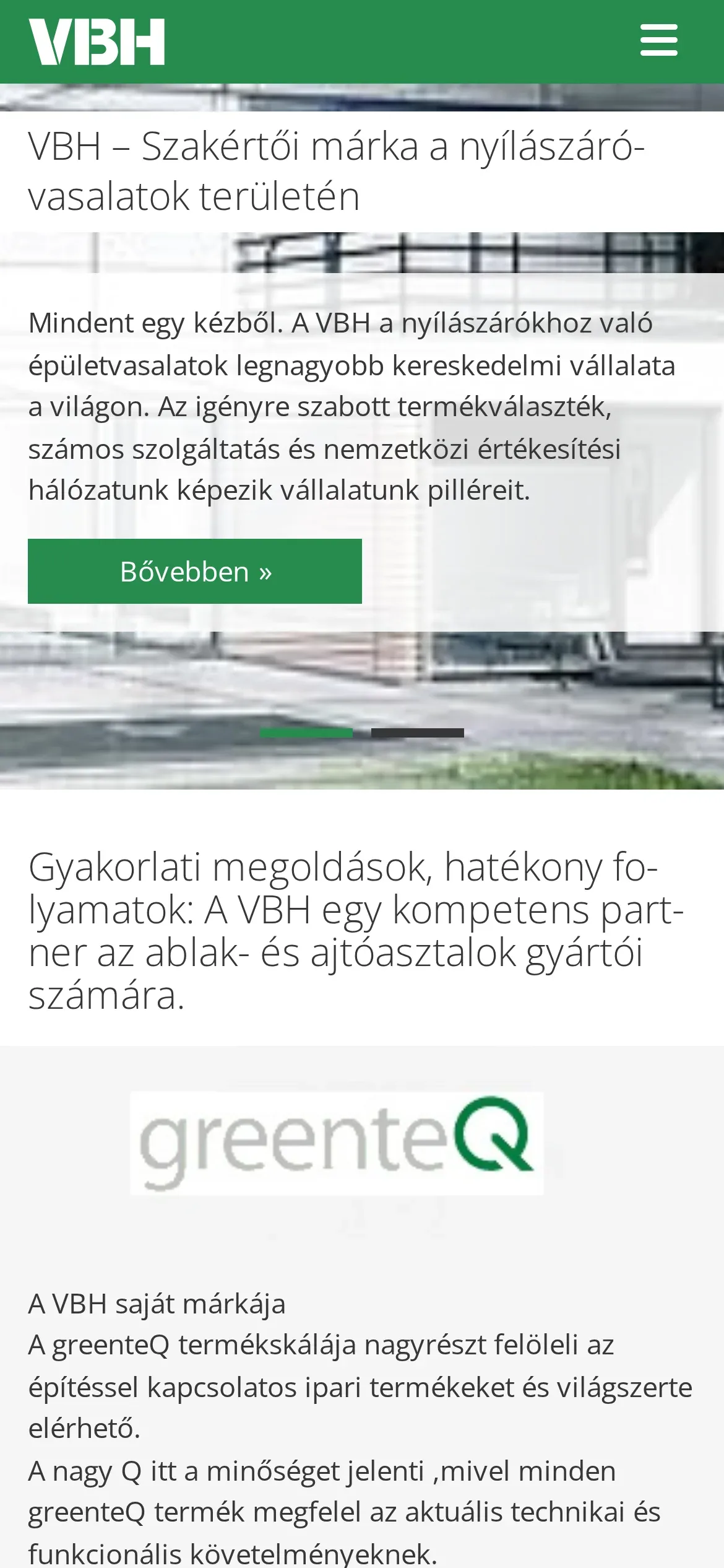 vbh.hu na telefonie po węgiersku: slider z opisem VBH i przyciskiem „Bővebben” oraz wstęp i blok marki greenteQ