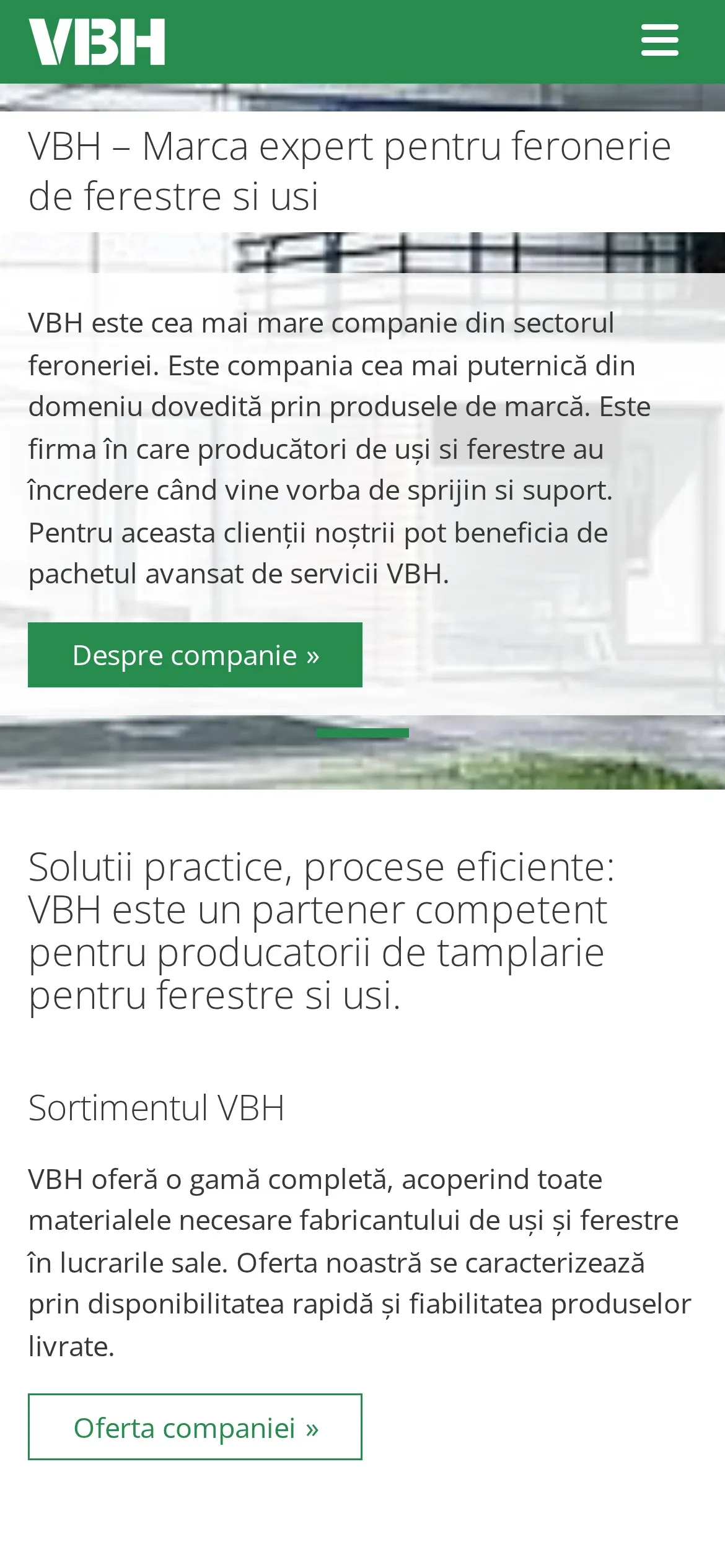 vbh.ro na telefonie po rumuńsku: slider z opisem VBH, przycisk „Despre companie” i wstęp z kolumną o asortymencie