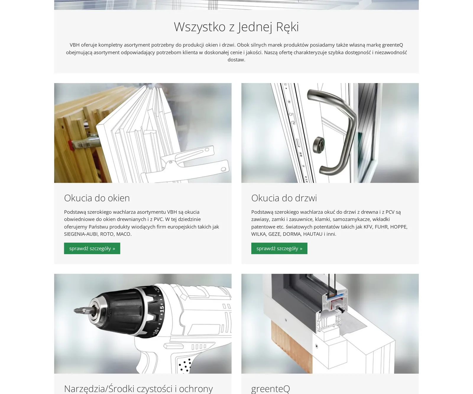 Strona „Katalog produktów” na vbh.pl: nagłówek „Wszystko z Jednej Ręki” i karty grup — okucia do okien, okucia do drzwi, narzędzia i greenteQ