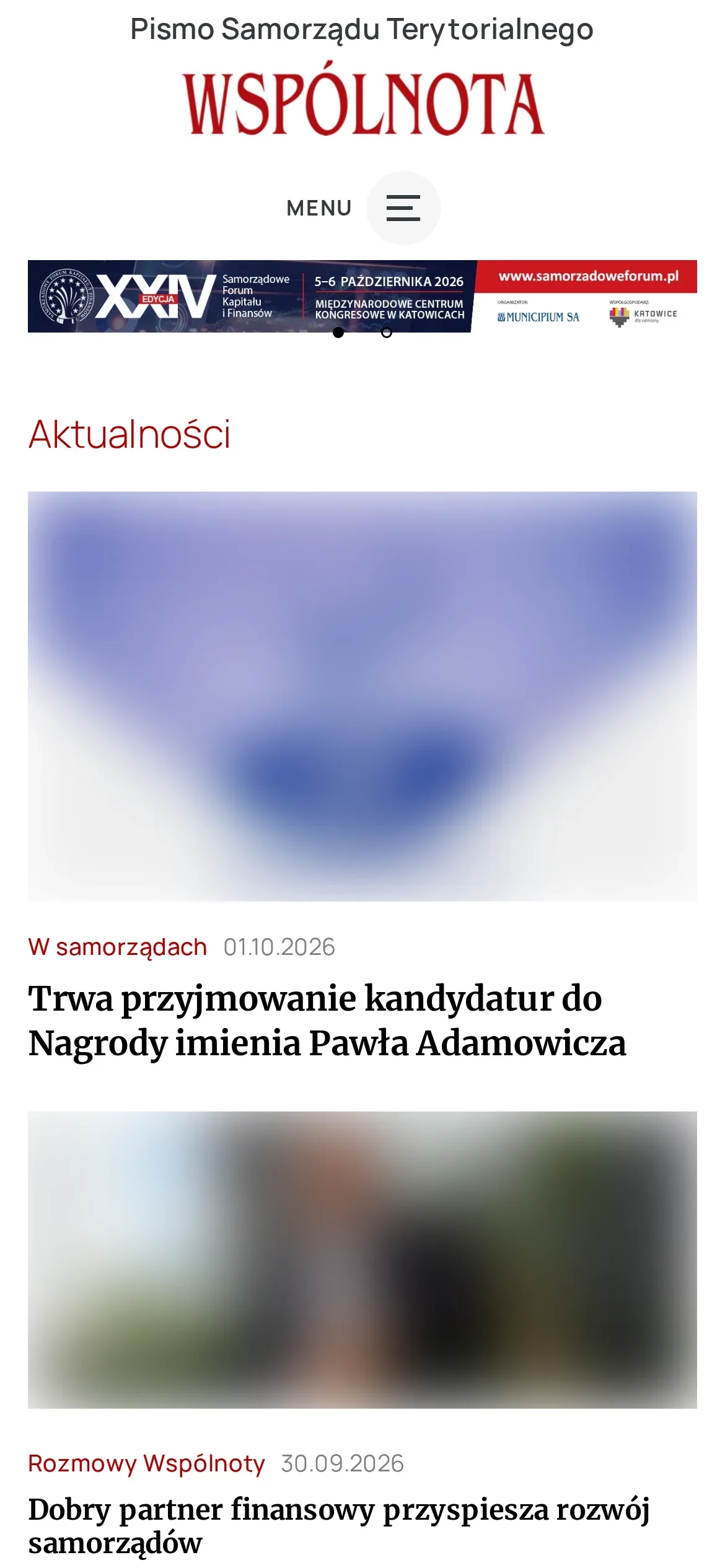 Strona główna „Wspólnoty” na telefonie: logo, przycisk menu, baner konferencji i pierwsze aktualności z kategorią i datą