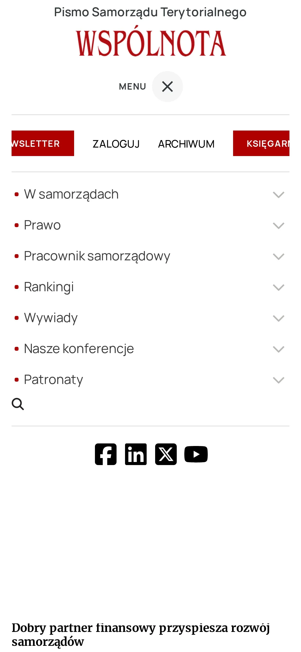 Otwarte menu „Wspólnoty” na telefonie: przyciski newslettera, logowania, archiwum i księgarni, lista siedmiu działów rozwijanych strzałką i odnośniki do profili społecznościowych