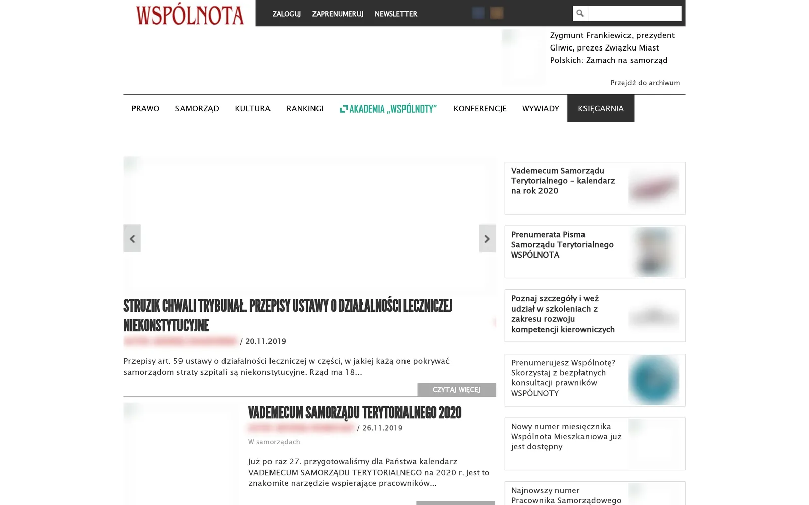 Poprzednia strona „Wspólnoty” z grudnia 2019 r. na komputerze: ciemny pasek z logowaniem i prenumeratą, menu wersalikami z ciemnym przyciskiem księgarni, slider aktualności i kolumna ramek promocyjnych po prawej