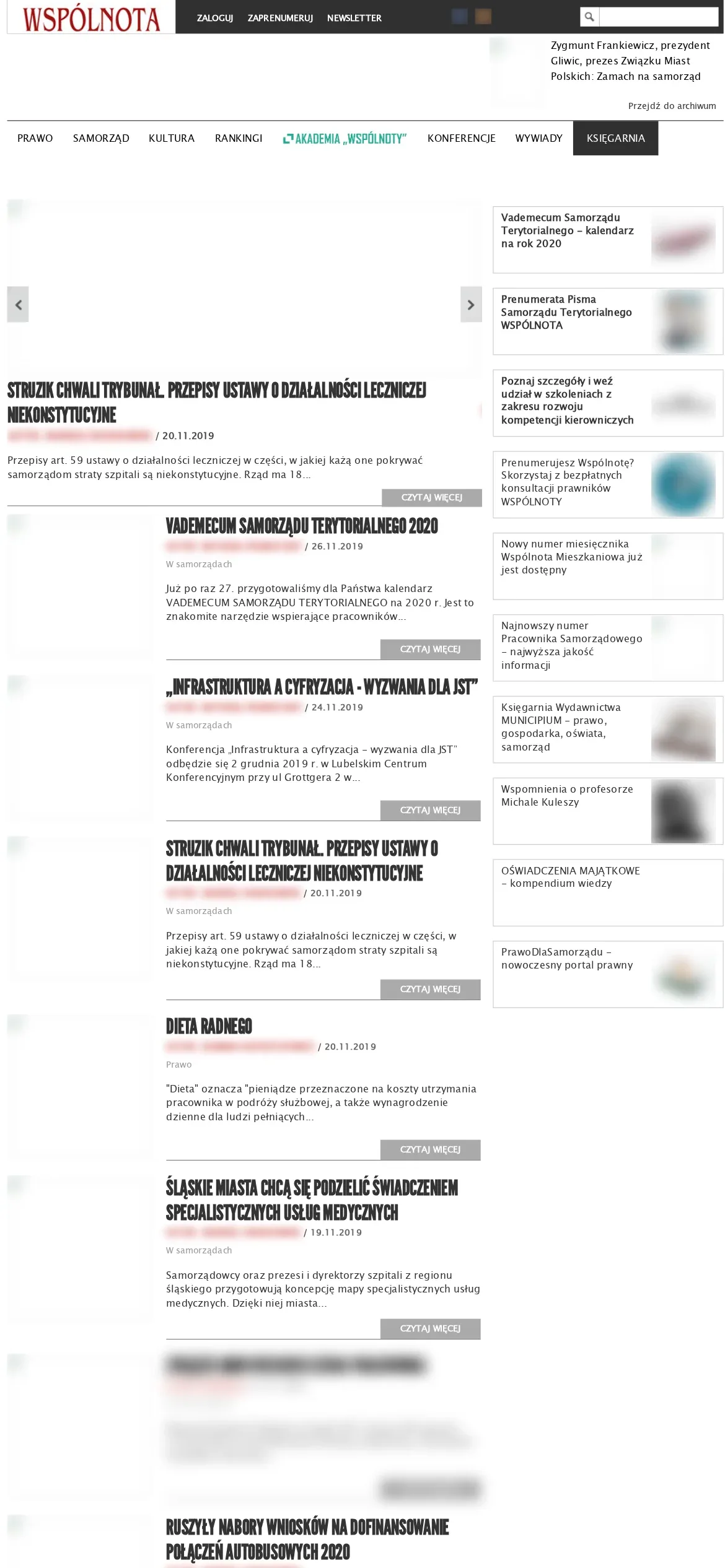 Ta sama poprzednia strona na telefonie: pomniejszony układ komputerowy z drobnym menu, listą artykułów i kolumną ramek po prawej