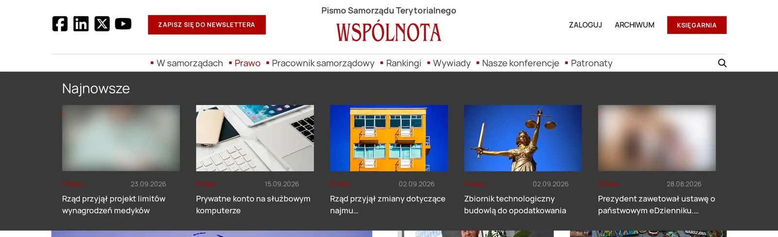 Rozwinięty dział „Prawo” w menu: ciemny pasek „Najnowsze” z pięcioma tekstami — miniatura, data i tytuł każdego