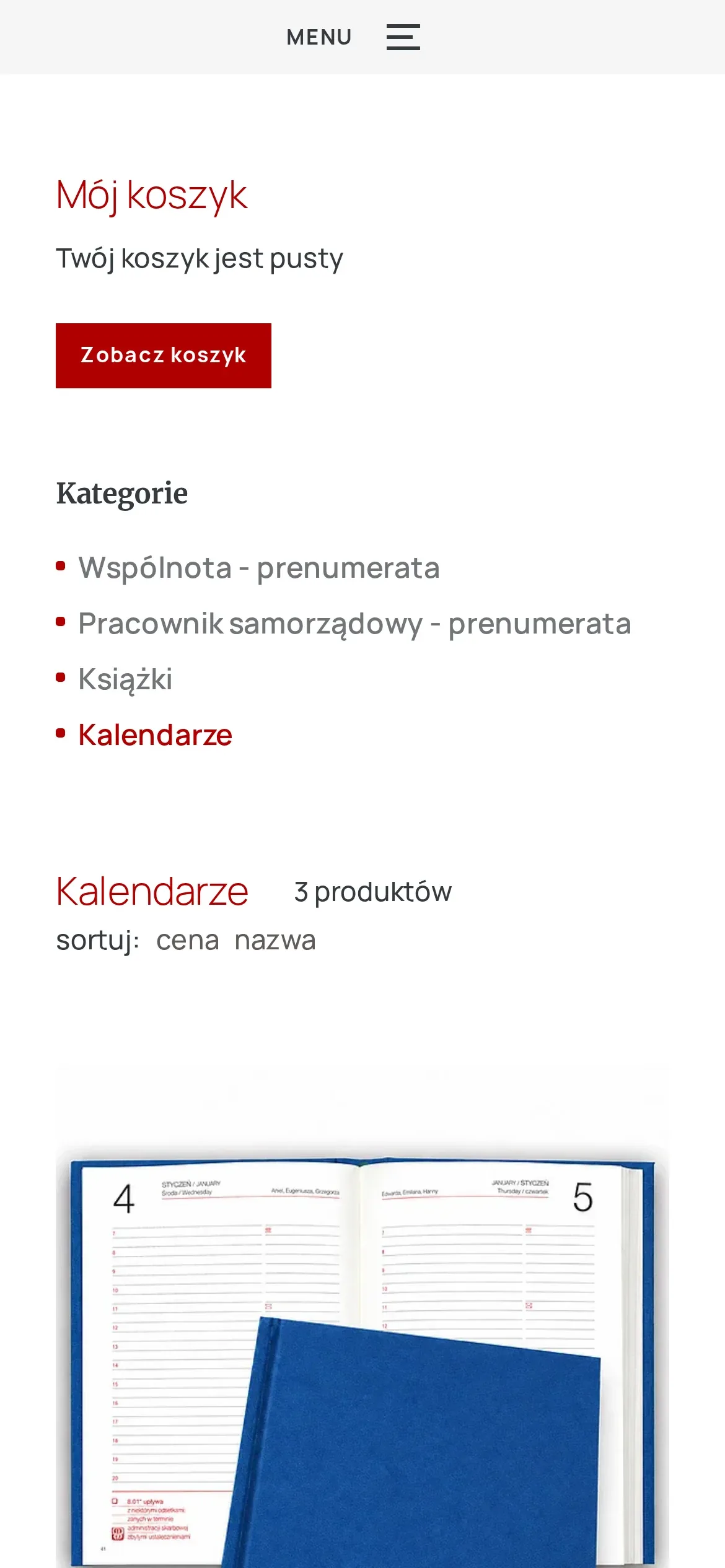 Ta sama kategoria księgarni na telefonie: koszyk i lista kategorii nad produktami, niżej nagłówek „Kalendarze” z liczbą produktów, sortowaniem i początkiem karty kalendarza