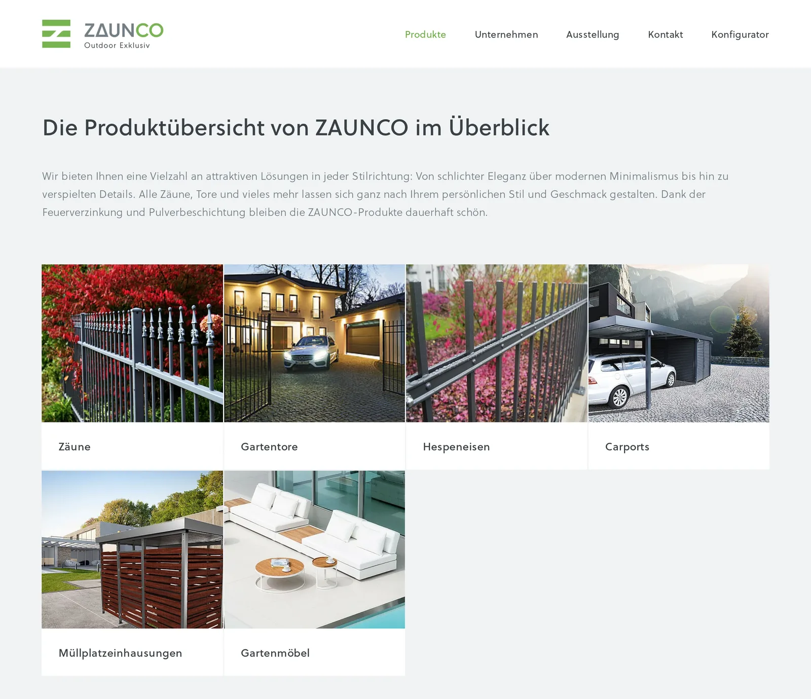 Przegląd produktów ZAUNCO: sześć kafli ze zdjęciami — ogrodzenia, bramy, Hespeneisen, wiaty garażowe, obudowy śmietników i meble ogrodowe